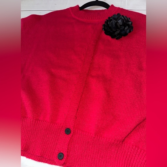 Shein Red Knit Cardigan with Black Flower Accent – Size M Office Church Party - Picture 9 of 11